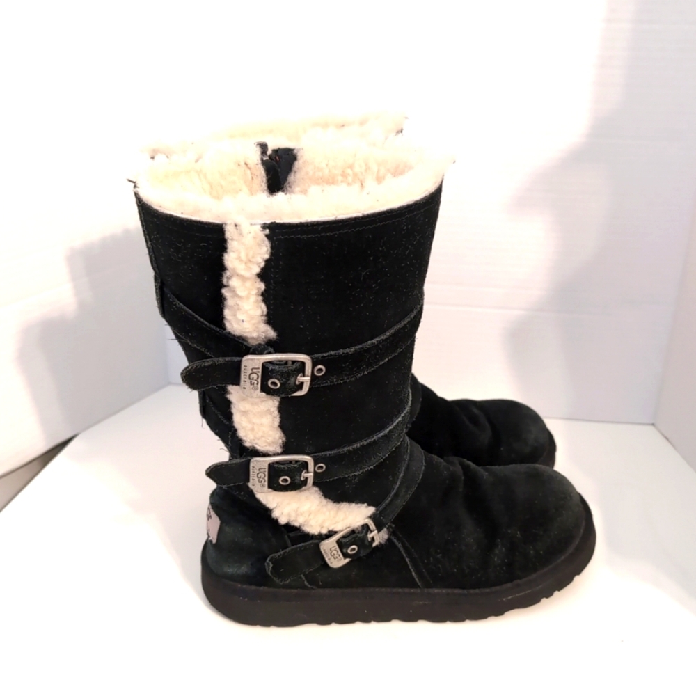 UGG Australia Black Suede and Sheepskin Lined Boots Triple Buckle Women's Size 5